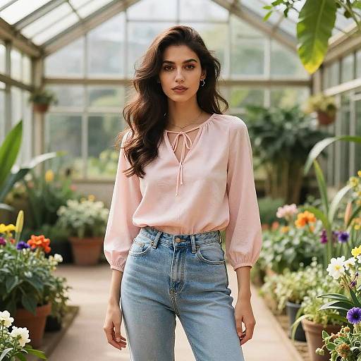Woman in Pink Blouse and Denim Jeans in Greenhouse