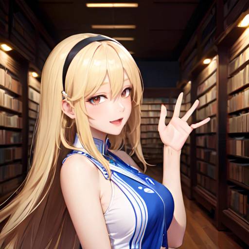 Anime Girl Waving in Library