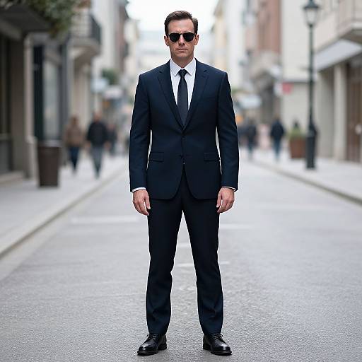 Photograph of a man in a black suit, white shirt, black tie, and sunglasses standing confidently on an urban street.