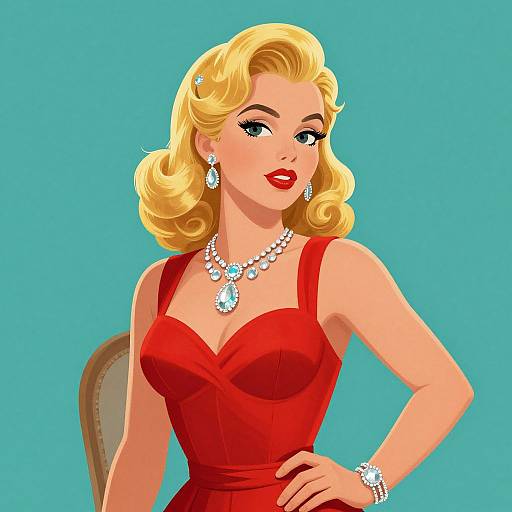 Digital illustration of a blonde woman with vintage-style curls, red dress, pearl necklace, earrings, and bracelet, against a turquoise background.