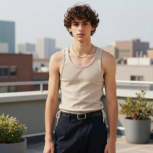 Photograph of a young, slim, curly-haired male with fair skin, wearing a white tank top and black pants, standing on a rooftop with city