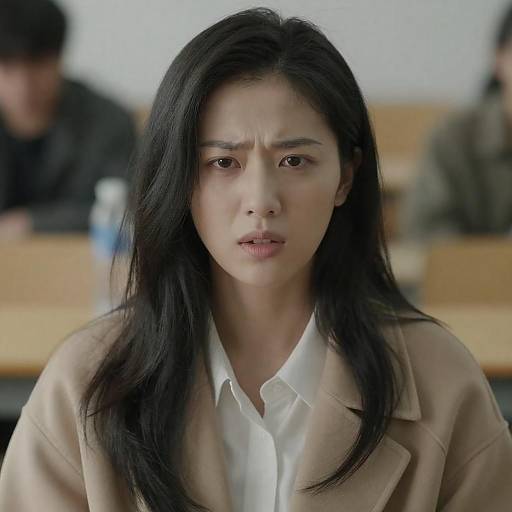 Intense Asian Woman in Beige Coat