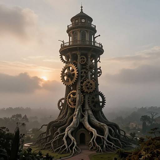 Fantastical, steampunk-style tower with large gears, roots, and a clock face, set against a misty, sunset sky in a