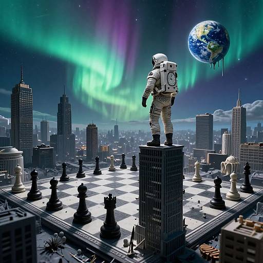 Surreal Cosmic Chessboard Cityscape