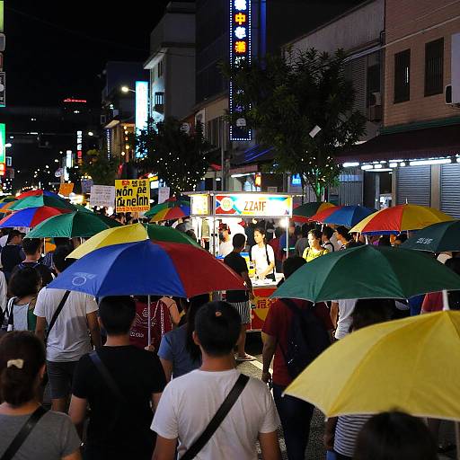 Photograph of a nighttime street protest with diverse crowd holding colorful umbrellas, illuminated signs, and neon-lit buildings in background.