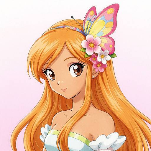 Anime-style digital drawing of a cute, orange-haired girl with large brown eyes, wearing a butterfly hair accessory, flower in her hair, and a white