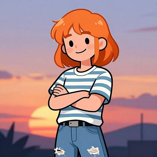 Digital cartoon of a smiling, orange-haired girl with crossed arms, wearing a striped shirt and ripped jeans, against a colorful sunset background.