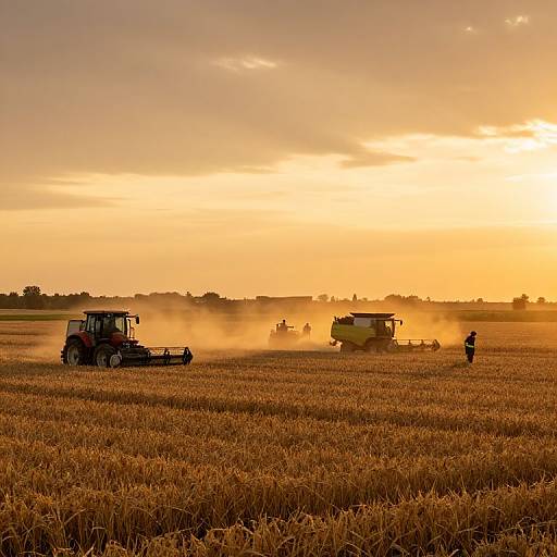 Photograph of a golden sunset over a vast harvested wheat field, with two tractors and a farmer standing, dust rising from the ground.