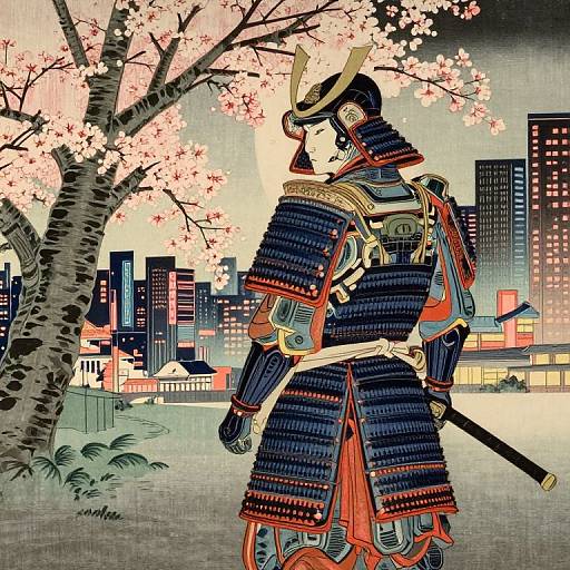 Ukiyo-e-style digital art of a samurai in blue armor, holding a sword, standing under cherry blossom tree with cityscape background.