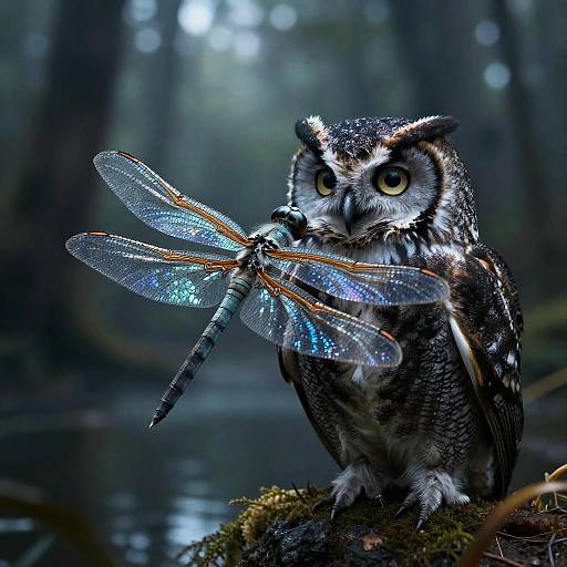 Photograph of a detailed, blue and orange dragonfly held by a focused, large-eyed, speckled brown owl in a misty forest.