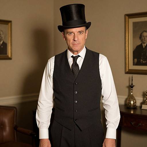 Photograph of a middle-aged man with fair skin, wearing a black top hat, white shirt, black vest, and tie, standing in a warmly