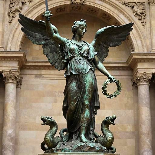 Photograph of a bronze winged statue of a classical female figure holding a sword and wreath, flanked by two serpents, in an