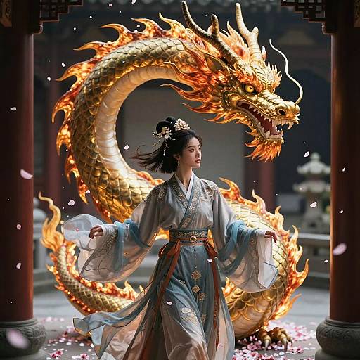 Digital illustration of an Asian woman in traditional blue kimono standing gracefully before a glowing golden dragon in an ornate temple.