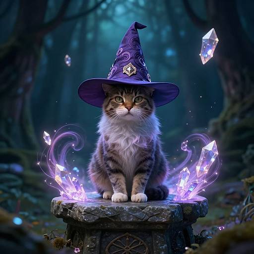 Digital illustration of a fluffy, tabby kitten wearing a purple, ornate wizard hat, sitting on a mossy stump in a magical forest, surrounded