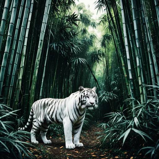 Majestic White Tiger in Bamboo Forest