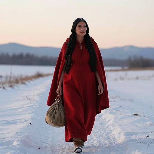 Pregnant Native American Woman in Crimson Cape Walking in Snow
