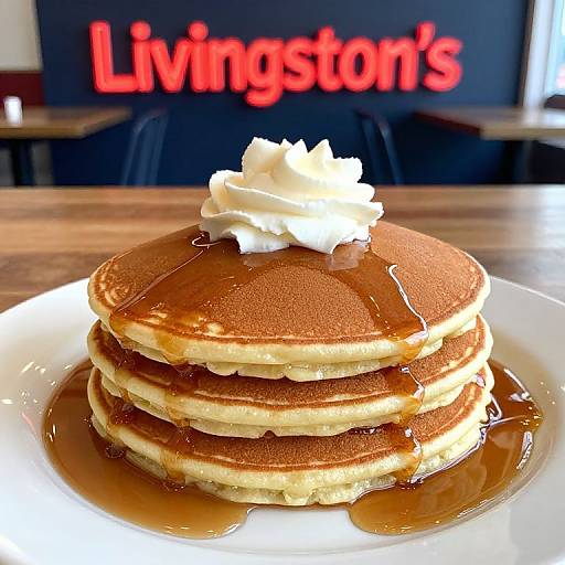 Photograph of three golden-brown pancakes with a dollop of white whipped cream and syrup, on a white plate, in front of a blurred 