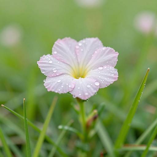 Close-up photograph of a delicate white daisy with water droplets on its petals, centered in a blurred green grass background.