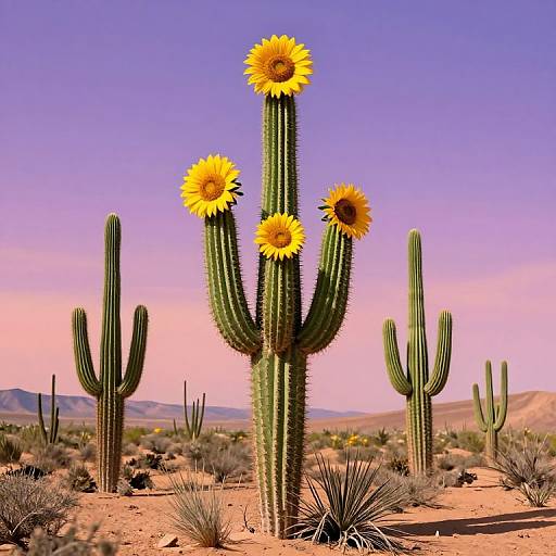 Photograph of a desert landscape with a tall, green cactus in the center, adorned with four vibrant yellow sunflowers, under a clear, purple
