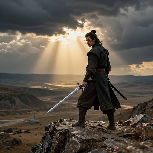 Photograph of a lone samurai with long black hair in a topknot, standing on a rocky outcrop, holding a sword, sunlight and