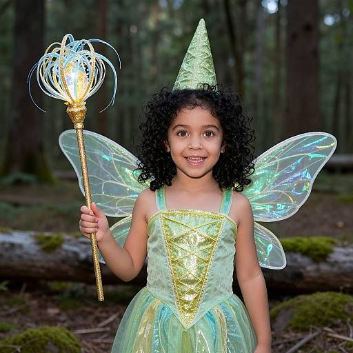 Photograph of a young girl with curly black hair, wearing a green fairy costume with a cone hat, glowing wand, and iridescent wings,