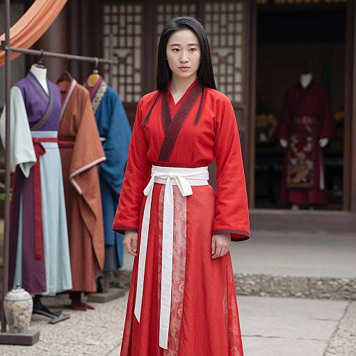 Photograph of an Asian woman with long black hair, wearing a vibrant red traditional Korean hanbok with black trim and white belt, standing in a