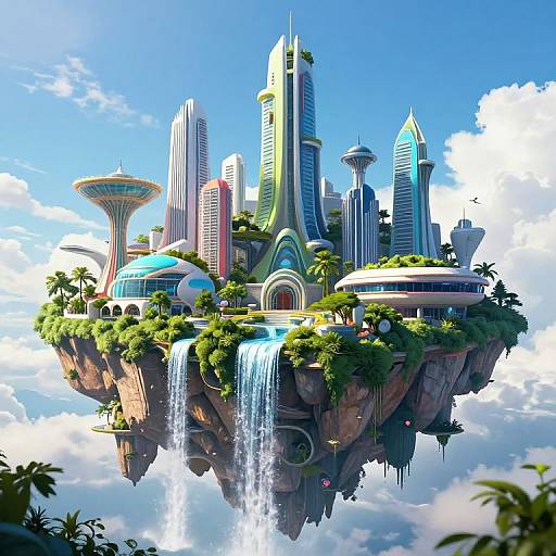 Fantasy CGI cityscape floating on a cliff with cascading waterfalls, vibrant skyscrapers, lush greenery, and a futuristic dome-shaped structure