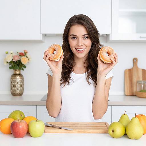 Photograph of smiling brunette woman in white shirt holding two doughnuts, standing in bright kitchen with fruit on counter.