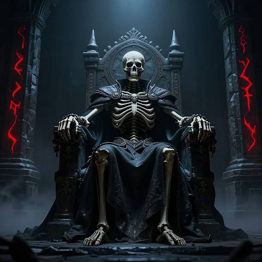 Digital artwork of a skeletal figure in a dark, ornate throne, draped in a black cloak, with red runes on stone pillars.
