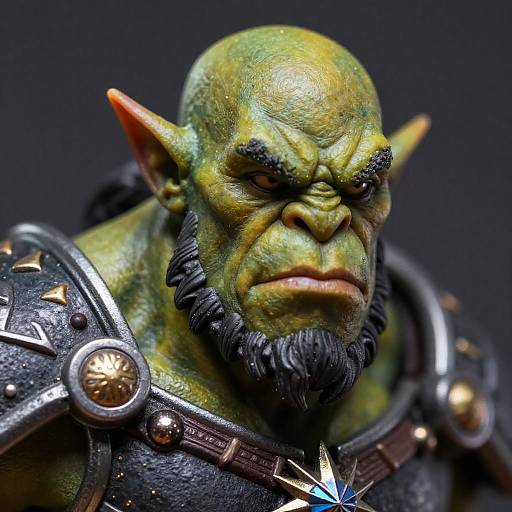 Photorealistic close-up of a fierce, green-skinned orc with pointed ears, black beard, and angry expression, wearing metallic armor with star-shaped