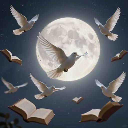 Photograph of white doves with outstretched wings flying around a bright full moon, surrounded by floating open books, against a starry night sky