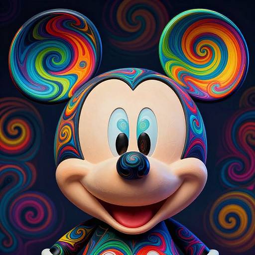 Digital illustration of Mickey Mouse with swirl-patterned, vibrant ears and face against a dark background with matching swirls. Bright, colorful patterns dominate.