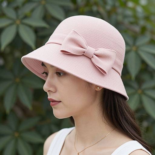 Photograph of a young woman with fair skin, dark hair, wearing a pink woven bucket hat with a bow, white top, and gold earrings,