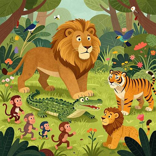 Colorful cartoon jungle scene with a lion, tiger, crocodile, and monkeys surrounded by lush greenery, flowers, and birds. Bright, playful