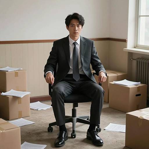 Man in Suit Sitting in Cluttered Office