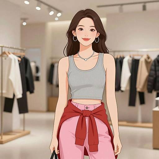 Digital illustration of a young woman with long brown hair, wearing a light blue tank top, pink pants, red tied shirt, hoop earrings, and necklace
