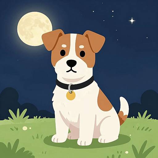 Digital illustration of a cute, brown and white dog with a black collar, sitting on grass under a full moonlit night sky.