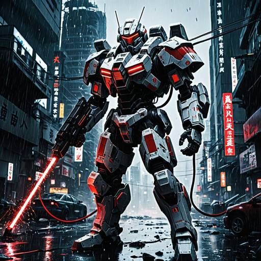 Armored Mech in Rainy Cyberpunk City