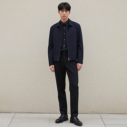 Photograph of an Asian man with short black hair, wearing a black jacket, shirt, and pants, standing against a plain white wall.