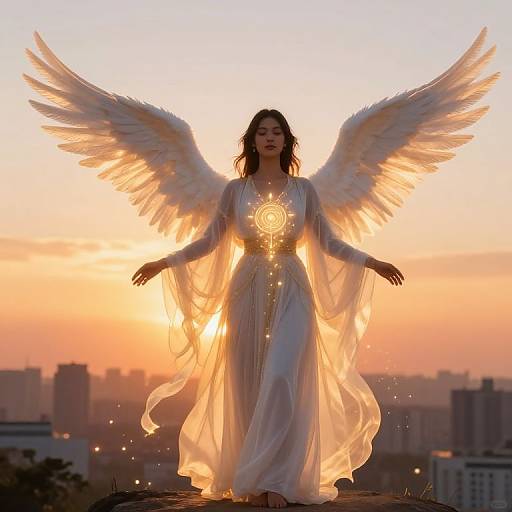 Auxiliadora in Ethereal Cityscape at Sunset