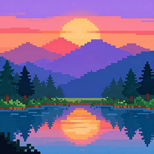 Pixel art sunset over a reflective lake, with vibrant orange and pink sun, purple mountains, dark pine trees, and a green shoreline.