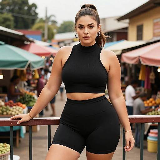 Photograph of a confident, fit woman with olive skin, dark hair in a ponytail, wearing a black crop top and high-waisted shorts