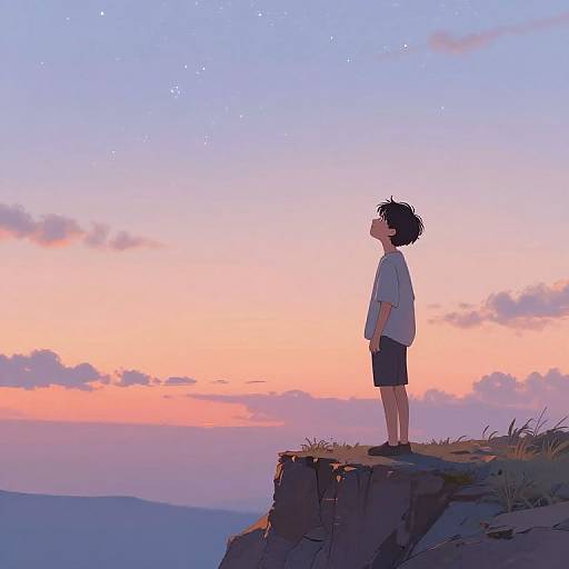 Anime-style drawing of a young boy with messy black hair, wearing a white shirt and black shorts, standing on a cliff at sunset, gazing at