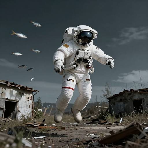 Photorealistic digital art: Astronaut in white spacesuit with reflective helmet, floating over ruined buildings, surrounded by flying fish, under dark blue sky