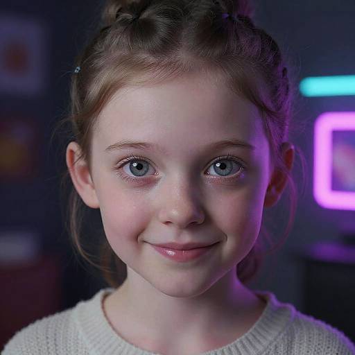 Photograph of a young girl with fair skin, blue eyes, and brown hair in braids, smiling softly in a dimly lit room with neon
