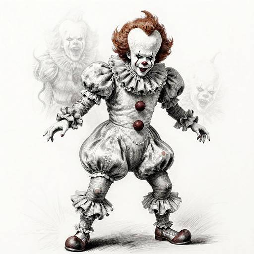 Digital illustration of a creepy, white-faced clown with red hair, wearing a puffy, silver suit, and dark buttons, standing menacingly.