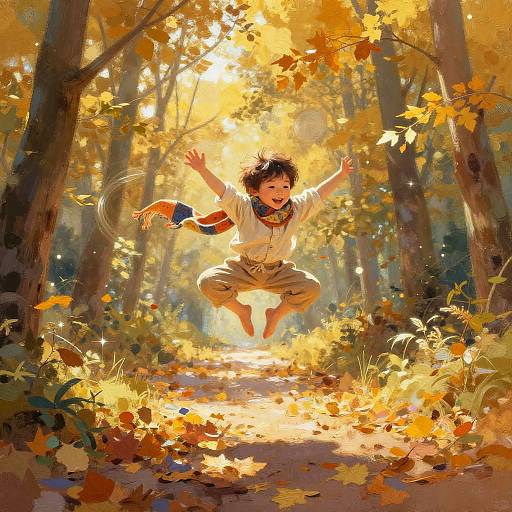 Sunlit Autumn Forest Path with Acrobat