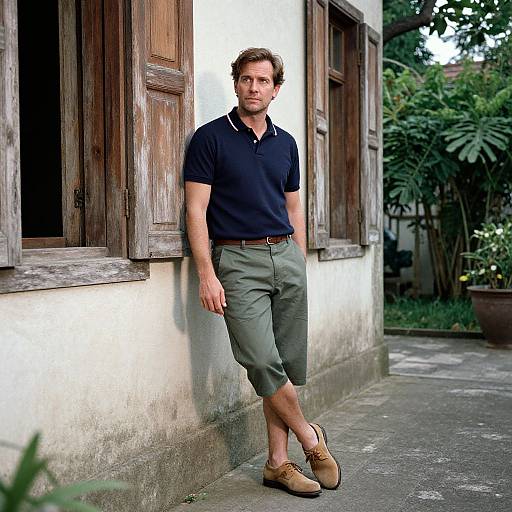 Photograph of a casually dressed man with short brown hair, wearing a navy polo, olive khaki shorts, and tan loafers, leaning against a