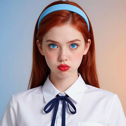 Photorealistic digital portrait of a young woman with fair skin, red hair, blue eyes, and bright red lips, wearing a blue headband,
