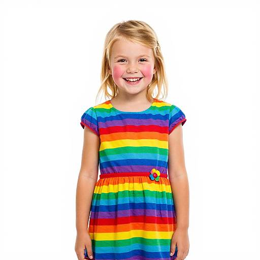 Photograph of a smiling blonde girl with pink cheeks, wearing a colorful rainbow-striped dress, standing against a plain white background.